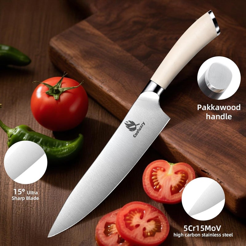 Cooluxry Professional White Chef Knife - 8 Inch High Carbon Stainless Steel Kitchen Knife with Ergonomic White Handle for Precise Cutting - Image 3